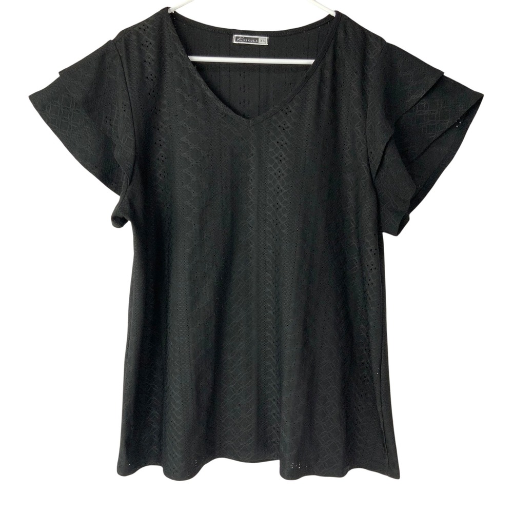 Kikula Black Eyelet Top XL Pullover V-Neck Short Ruffle Sleeve Geometric Stretch
